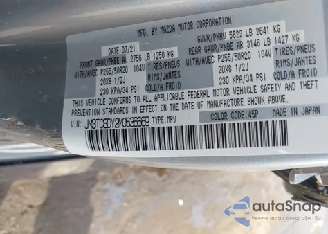 2021 Mazda Cx-9 Grand Touring z USA, uszkodzony, nr VIN JM3TCBDY2M0536669